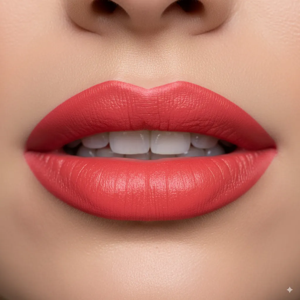An elegant close-up of perfectly made-up lips in a bold, fashionable color like classic red, deep berry, or vibrant coral, with precise contours.
