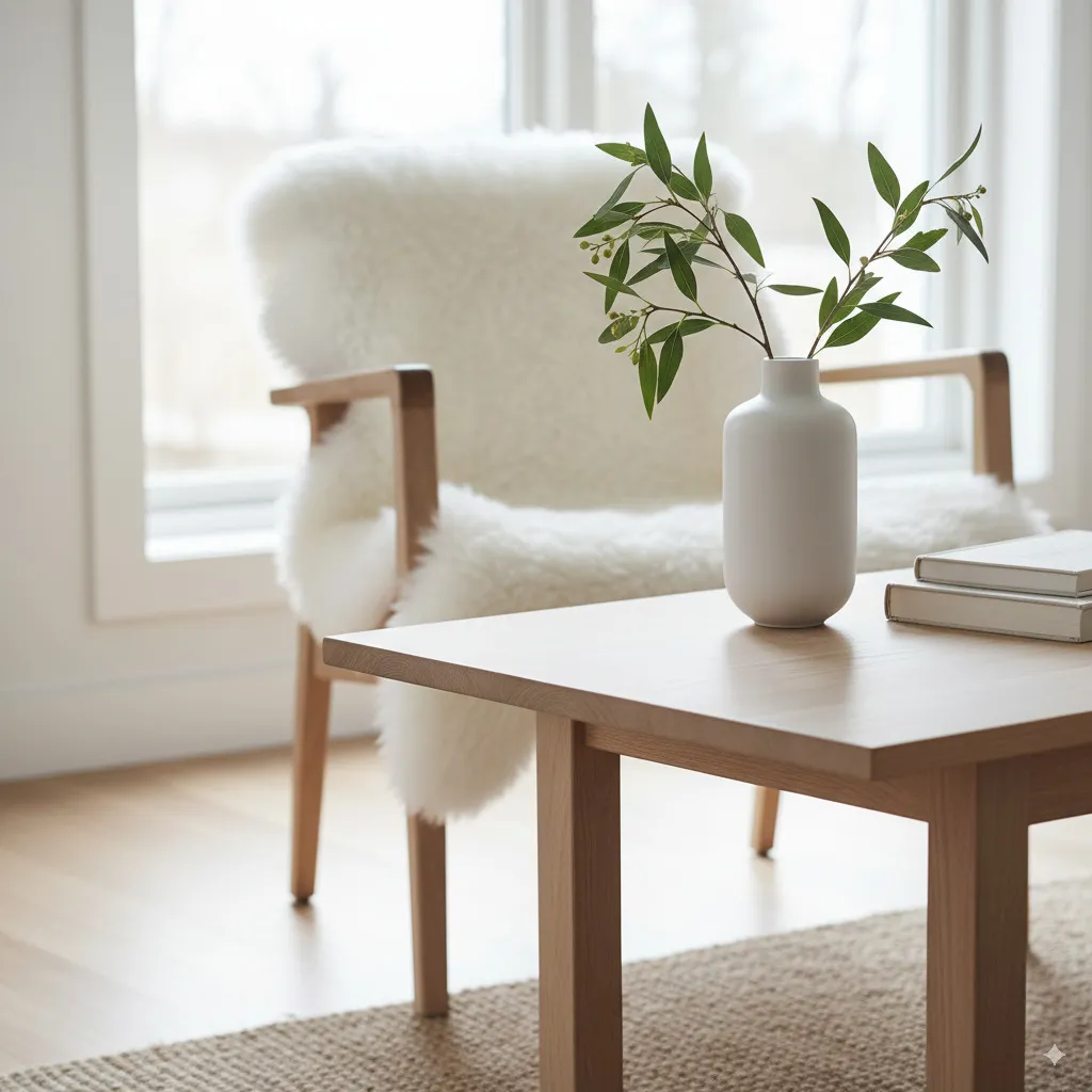 Detail shot of typical elements of the Scandinavian style: e.g., a minimalist vase with fresh branches on a light wooden table, a sheepskin on a chair.