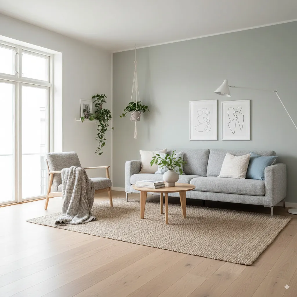 A bright, airy room in the Scandinavian style: light wood floors, white or pastel-colored walls, minimalist furniture with clean lines, natural textiles, and plenty of daylight.