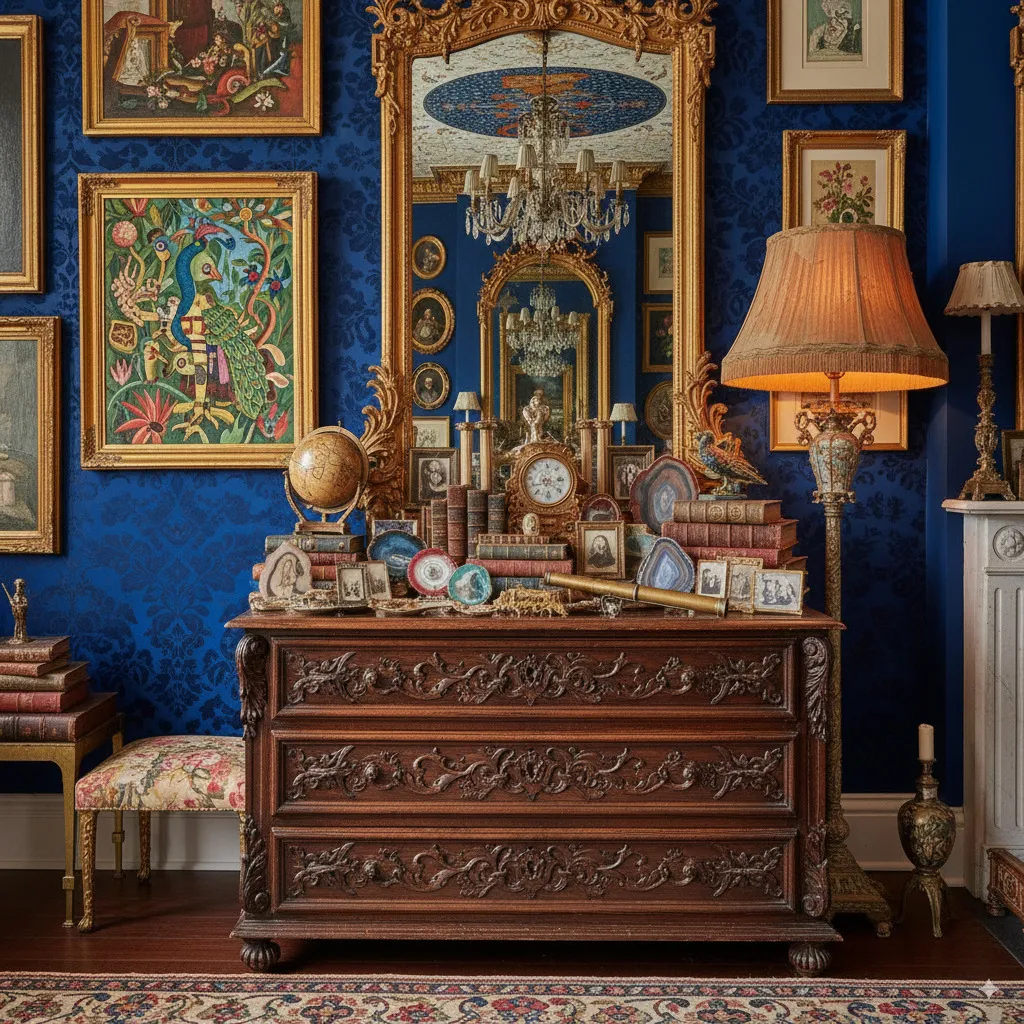Detail shot of a maximalist-designed corner: e.g., a chest of drawers with a collection of curiosities, above it an opulent mirror and an eccentric piece of art.