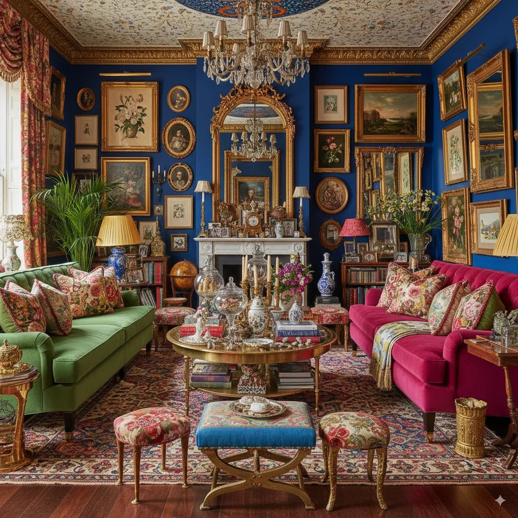 An opulent room in the maximalist style: bold colors, pattern mixing, velvet sofas, golden accents, an abundance of art objects, and personal collectibles.