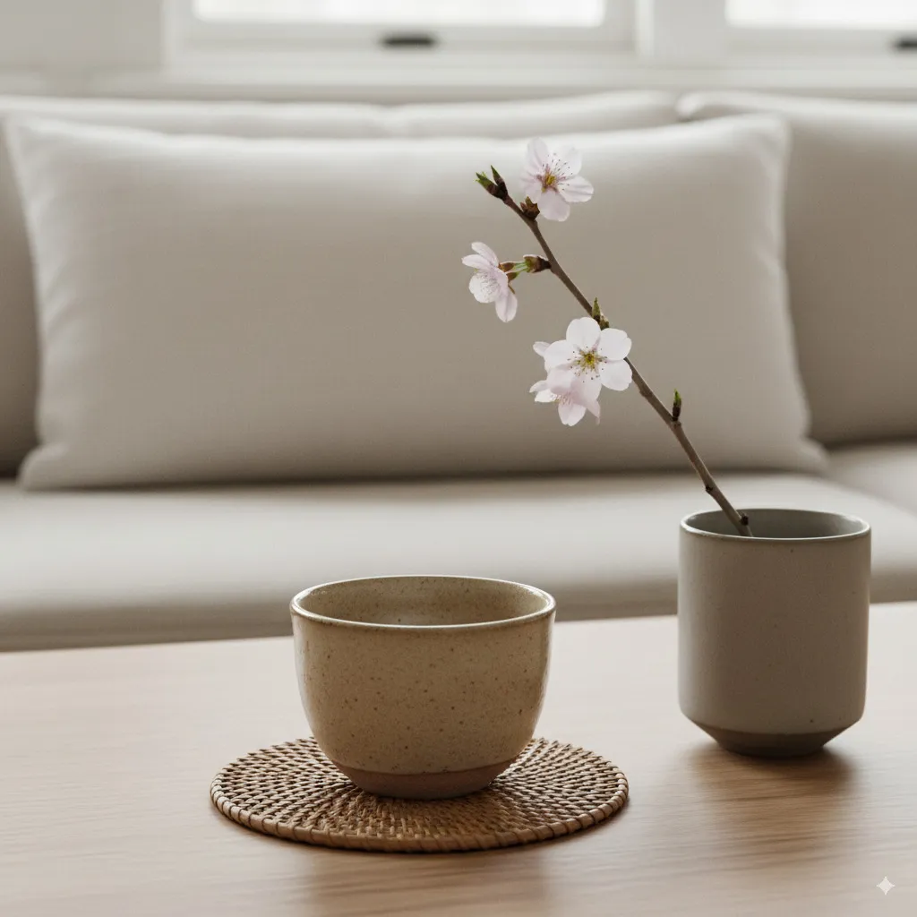 Detail shot of typical Japandi elements: e.g., a handmade teacup on a wooden table, a minimalist flower arrangement, the texture of a linen pillow.