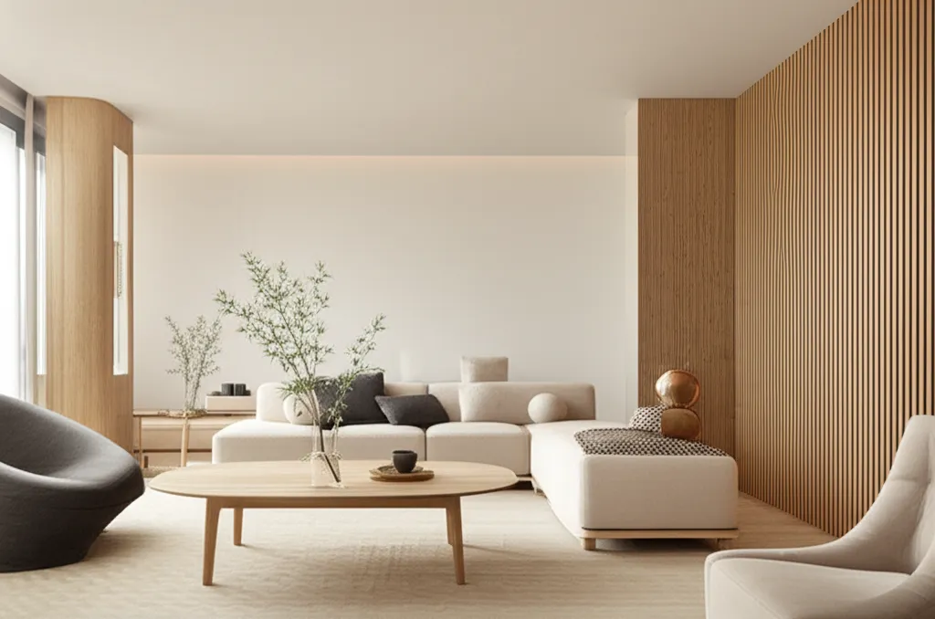 A calm, minimalist room in the Japandi style: natural materials like light wood and bamboo, simple furniture, muted colors, focus on functionality and craftsmanship.