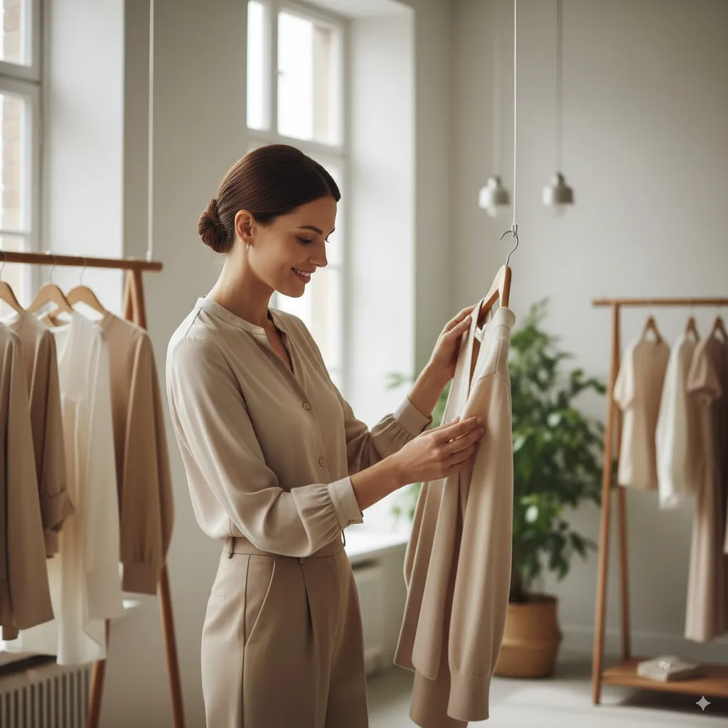 A stylish person thoughtfully and joyfully examining a high-quality garment in an elegant store or studio.
