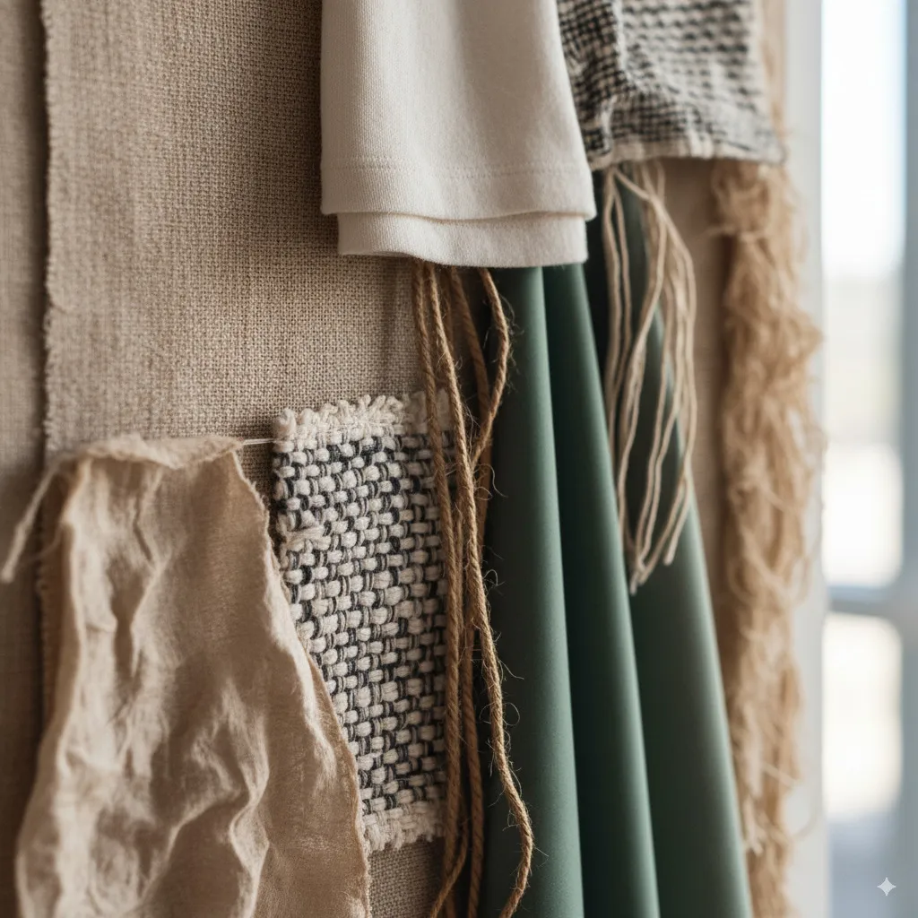 A close-up showing the rich textures of sustainable fabrics like linen, organic cotton, and Tencel.
