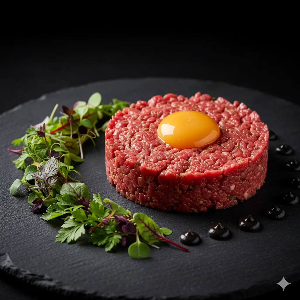 The finest beef tartare with a perfectly confit egg yolk, truffle mayonnaise, and wild herbs.