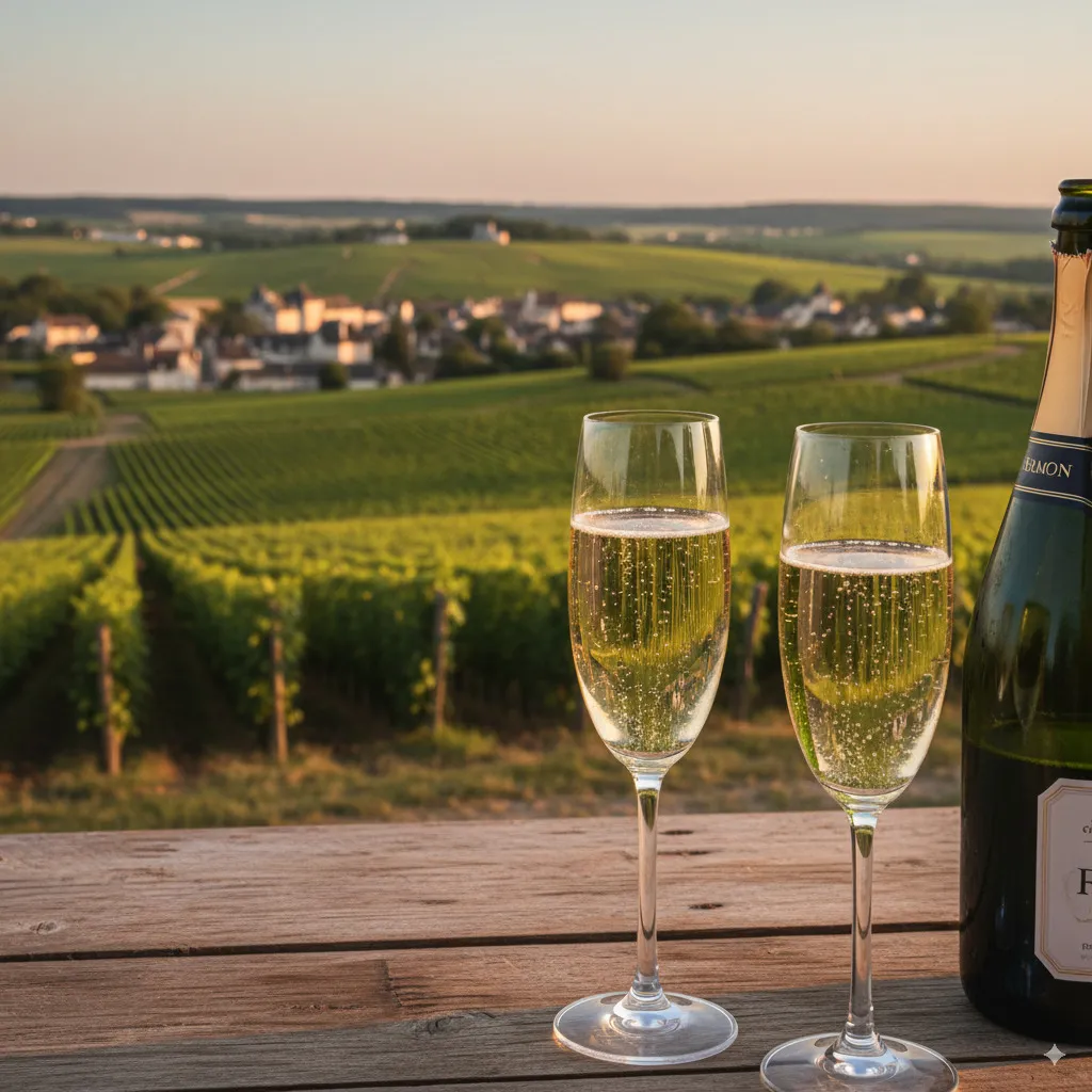 An image that visually represents the theme of the journey, e.g., rolling hills with vineyards in Champagne, elegant champagne flutes, a historic wine cellar.