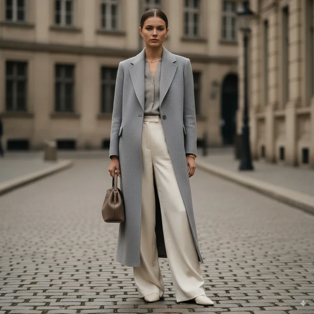 A model in a minimalist, impeccably tailored cashmere coat and wide-leg silk trousers, embodying the Quiet Luxury trend.