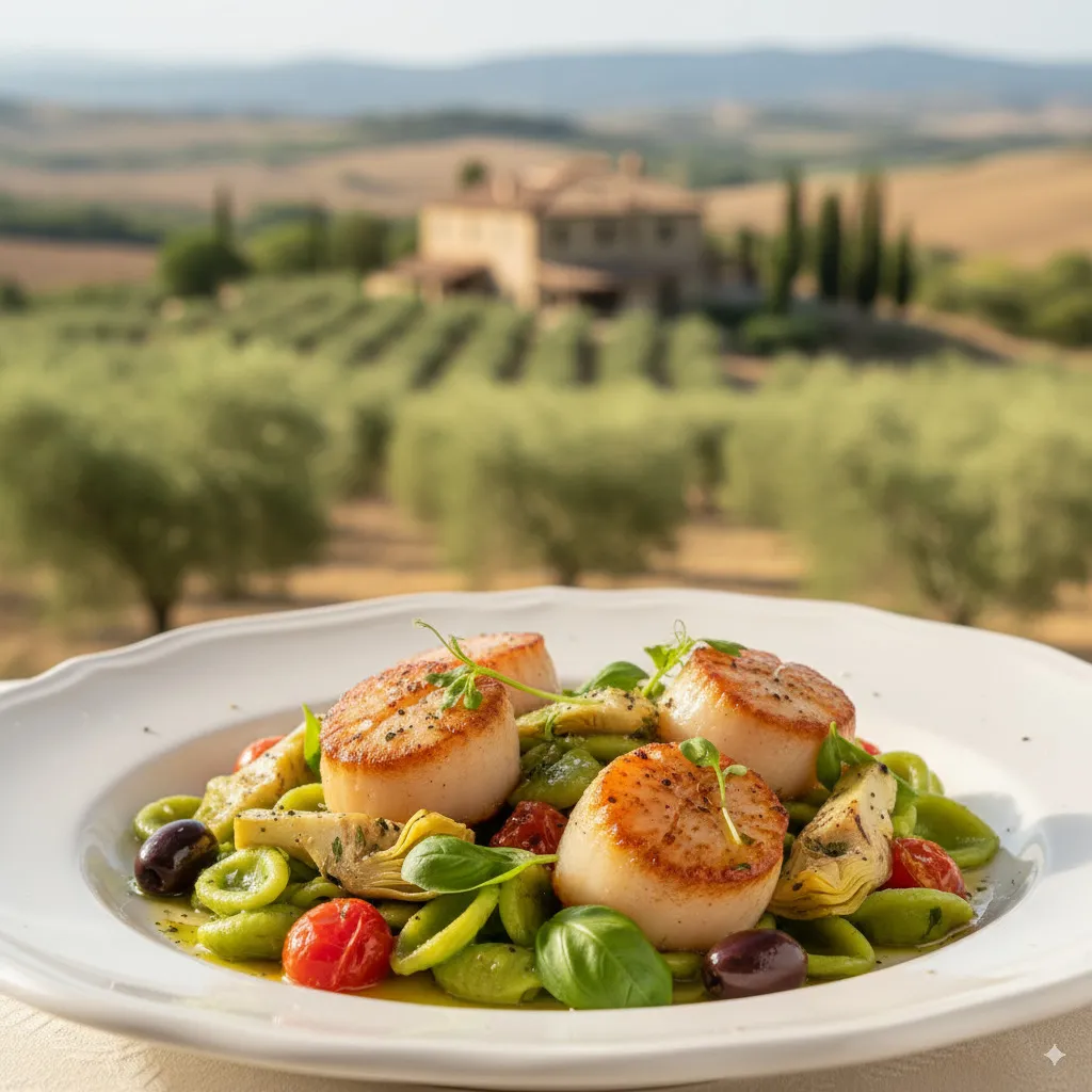 A stylishly plated dish that highlights clearly recognizable, seasonal, and regional ingredients, possibly with a hint of the region of origin in the background.