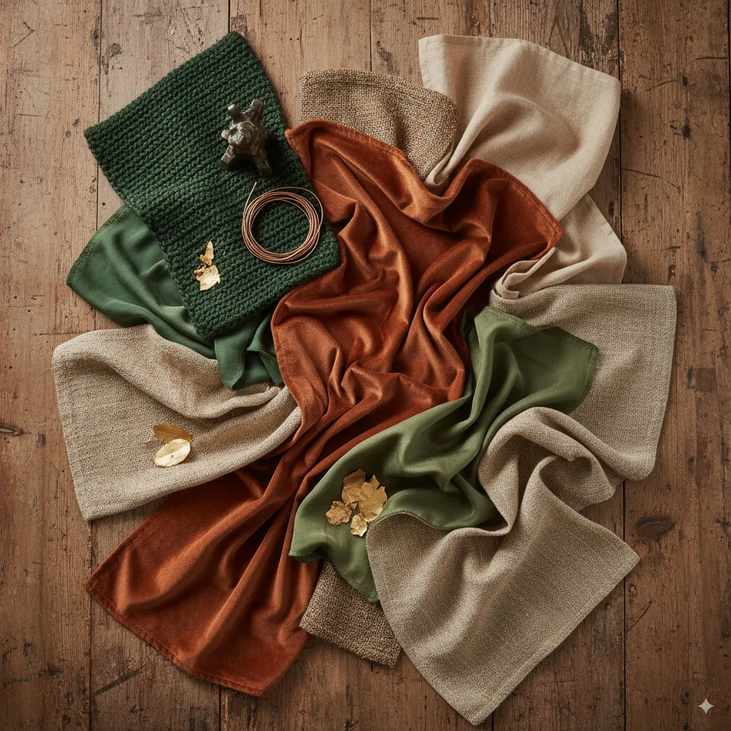 A moodboard of fabrics in moss green, terracotta, and sand, interwoven with bronze, copper, and matte gold fibers.