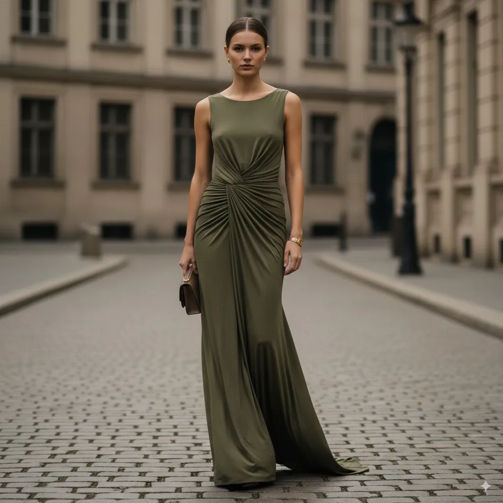 A model in an olive green jersey dress with elegant, asymmetrical draping at the waist that creates a sculptural silhouette.