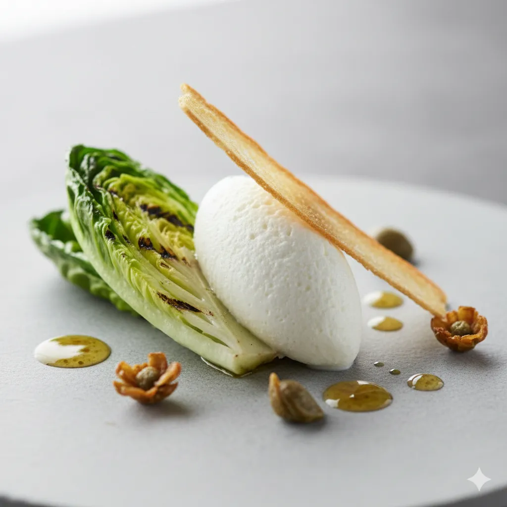 A modern, deconstructed composition of goat cheese espuma, grilled romaine lettuce, capers, and a brioche wafer.