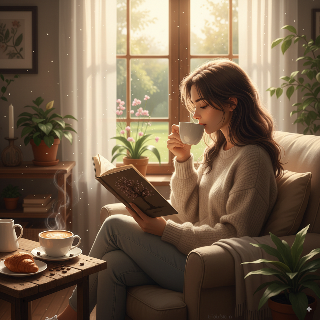 In a dark, minimalist room with deep shadows, a sharp and dramatic beam of early morning sunlight cuts across a dark, aged wooden table. Within this single beam of light, a person's hands gently hold an old hardcover book with creamy, textured pages. Next to the book sits a sculptural, unglazed ceramic mug in a warm, off-white tone, with a wisp of steam rising from the dark coffee inside. The person wears a simple, heavy linen shirt in a natural, cream color. The shot is composed like a cinematic still life, with a very shallow depth of field. High-end editorial photography, extremely sharp focus on the book's paper texture and the ceramic of the mug.