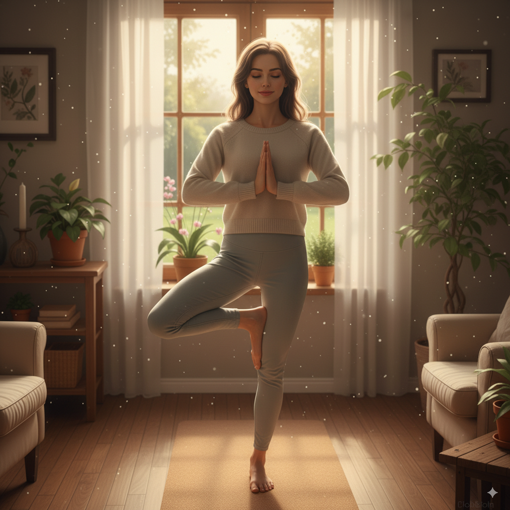 A woman mindfully practices yoga on a mat to invigorate her body and mind and find inner balance in her morning ritual.