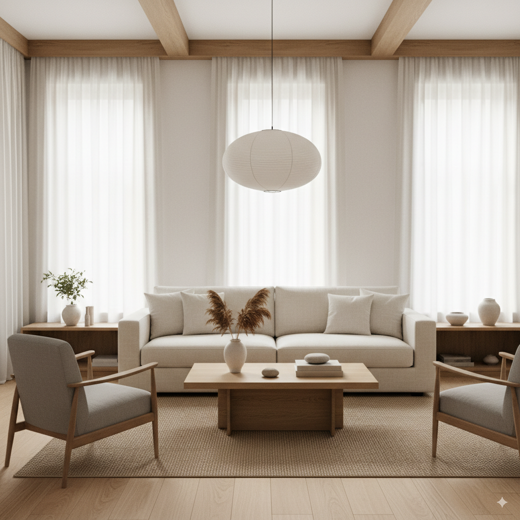 A light-filled, minimalist living room that exudes timeless elegance and a calming atmosphere. At the center is a comfortable, straight-lined sofa in a light neutral tone (cream or light gray). It is complemented by an elegant wooden table and a few carefully selected decorative pieces made of natural materials like ceramic or linen. The room appears tidy, harmonious, and inviting, with clean lines and soft, diffuse daylight. Style: Scandinavian minimalism meets Japandi aesthetics. High render quality.