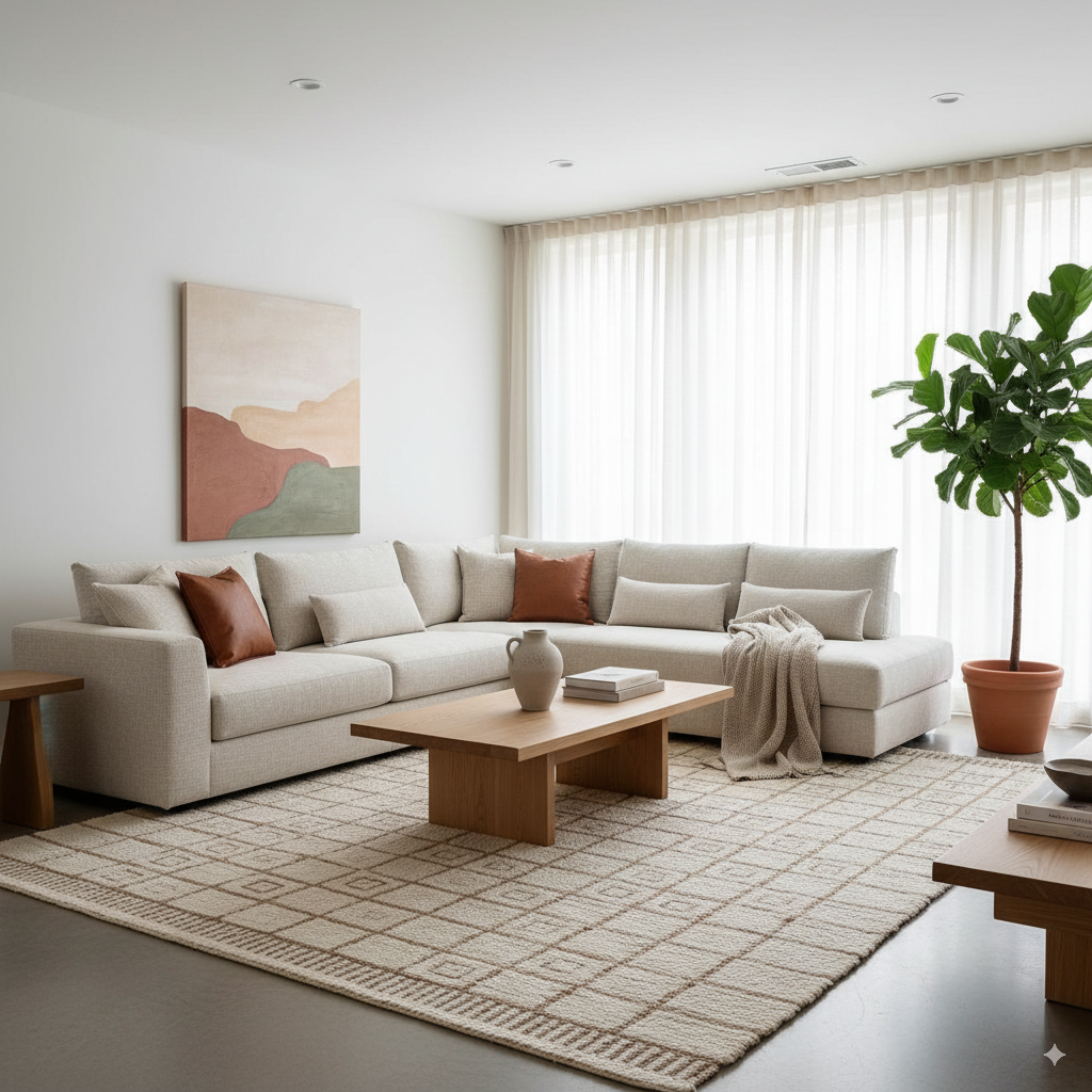 A stylishly furnished living room that visually implements the principles of the 'capsule wardrobe for the home.' The scene shows a carefully curated selection of high-quality, durable furniture in warm, neutral colors—for example, a modular sofa and a minimalist coffee table made of light wood. A few, yet effective, accents like a lush green plant or an abstract wall painting in soft earth tones enhance the calm and harmonious atmosphere. Clean lines, plenty of natural light, textured natural materials (wool, linen), and a sense of conscious reduction. View into an open, tidy room.