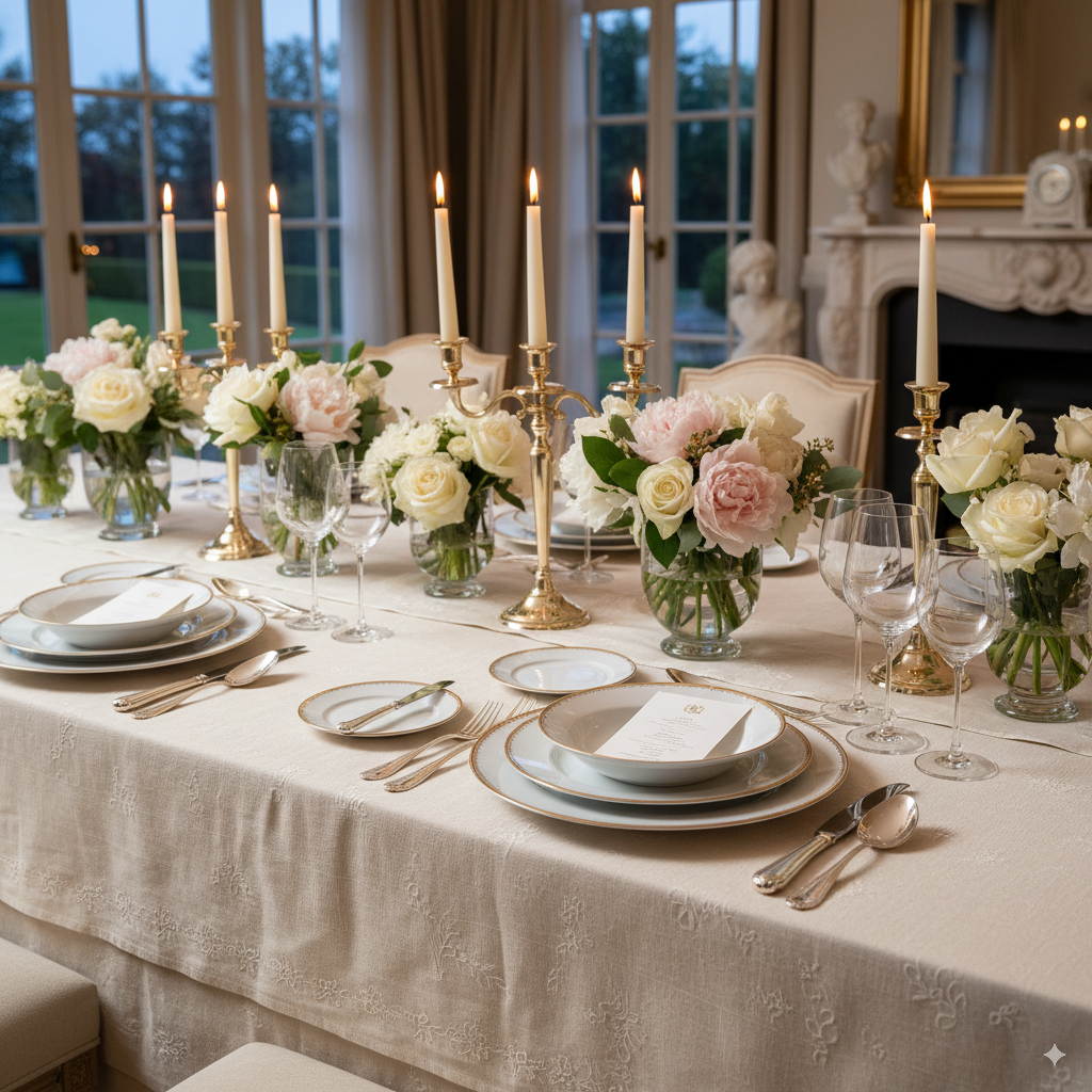 An elegant and stylishly set dinner table with a fine linen tablecloth. The centerpiece features delicate fresh flower arrangements and slender candles in golden holders, casting a warm, soft light. High-quality porcelain, elegant cutlery, and delicate wine glasses are artfully arranged in a sophisticated and inviting atmosphere.
