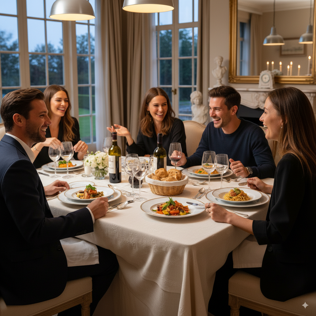 A stylish group of friends enjoying dinner at an elegantly set table in a cozy dining room. The atmosphere is lively and warm, with laughing faces and engaging conversation. The table features beautifully arranged dishes, fine wine, and tasteful glasses, all under the soft glow of candlelight and ambient lamps.