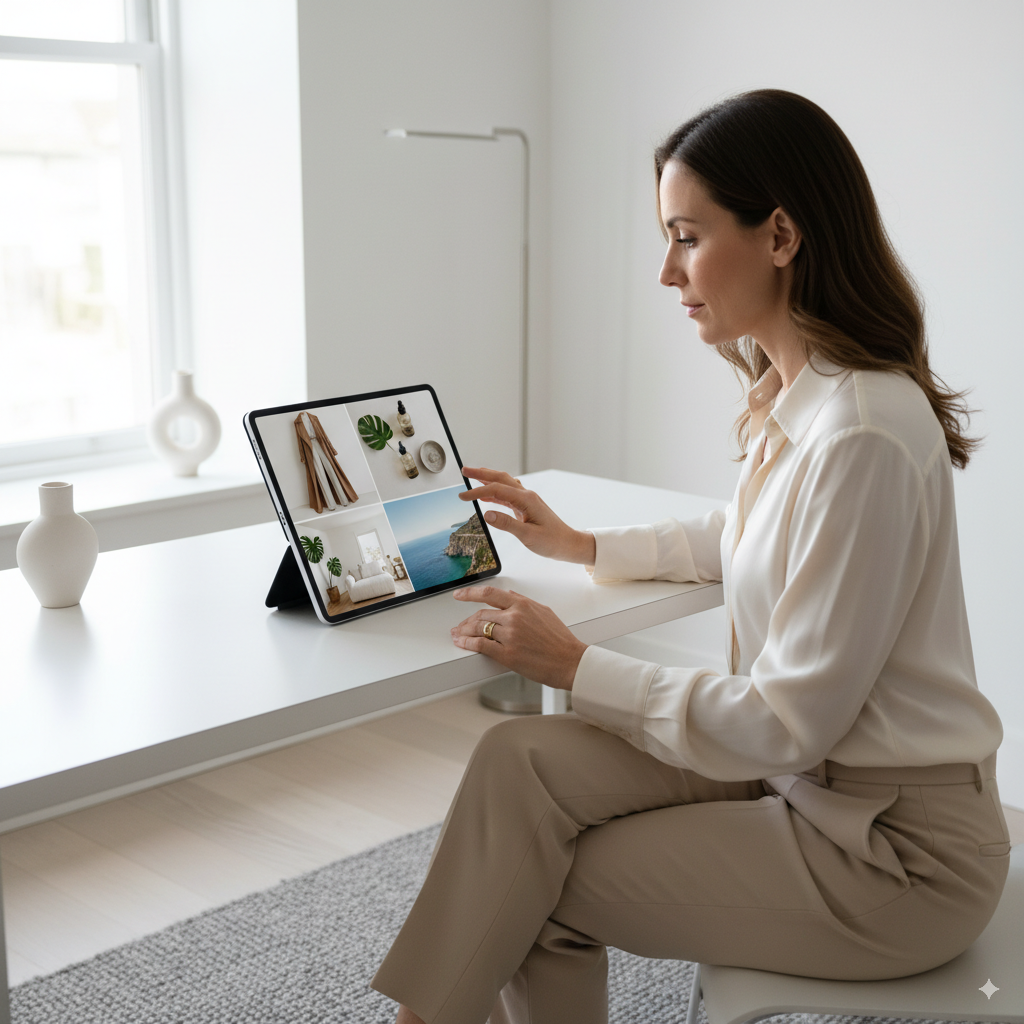 An elegant person (female, approx. 30-40 years old, stylishly dressed in neutral colors) sits focused at a tidy desk. She is looking at the screen of a slim laptop or tablet, where a digital mood board for lifestyle curation is open. The board displays visual elements from fashion (e.g., a stylish outfit), beauty (e.g., an aesthetic beauty product flat lay), living (e.g., a minimalist interior detail), and travel (e.g., a scenic landscape snippet). The person's hands are about to interact with or view the device. The room is bright, minimalist, and tastefully decorated. Soft, natural light, modern aesthetics, clean lines.