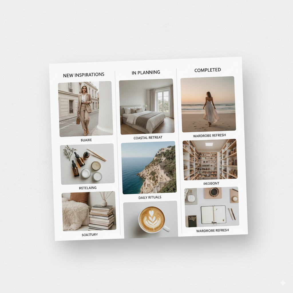 A detailed and aesthetically pleasing digital lifestyle board serving as a template for visual organization. The board is divided into clear, vertical columns, similar to a Kanban board. Each column has a heading like 'New Inspirations,' 'In Planning,' and 'Completed.' Within the columns are several 'cards' or pins, each containing a high-resolution image and a short title/text. The images show a variety of lifestyle inspirations: fashion outfits, beauty products, minimalist interior design, travel destination details, and beautifully plated food. The board's color palette is harmonious and clean, and the style is modern and uncluttered. Top-down view, slightly angled to show depth.