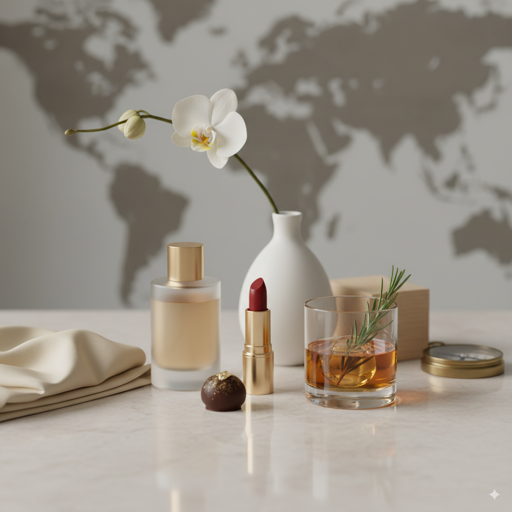 An abstract, visually appealing brand image for 'Style & Taste' that elegantly combines the magazine's themes. The composition features curated, high-quality objects symbolizing style and enjoyment: a hint of fashion (e.g., the subtle texture of a fabric), a fine beauty product (e.g., a shiny perfume bottle or a lipstick), a detail from the living category (e.g., a minimalist vase with a single flower or a piece of wood), a culinary element (e.g., an exquisite praline or a perfectly arranged drink), and an allusion to travel (e.g., a stylized compass symbol or a world map in the background). The overall aesthetic is luxurious, minimalist, and balanced, with soft light reflections and a muted, elegant color palette. High detail and artistic representation.