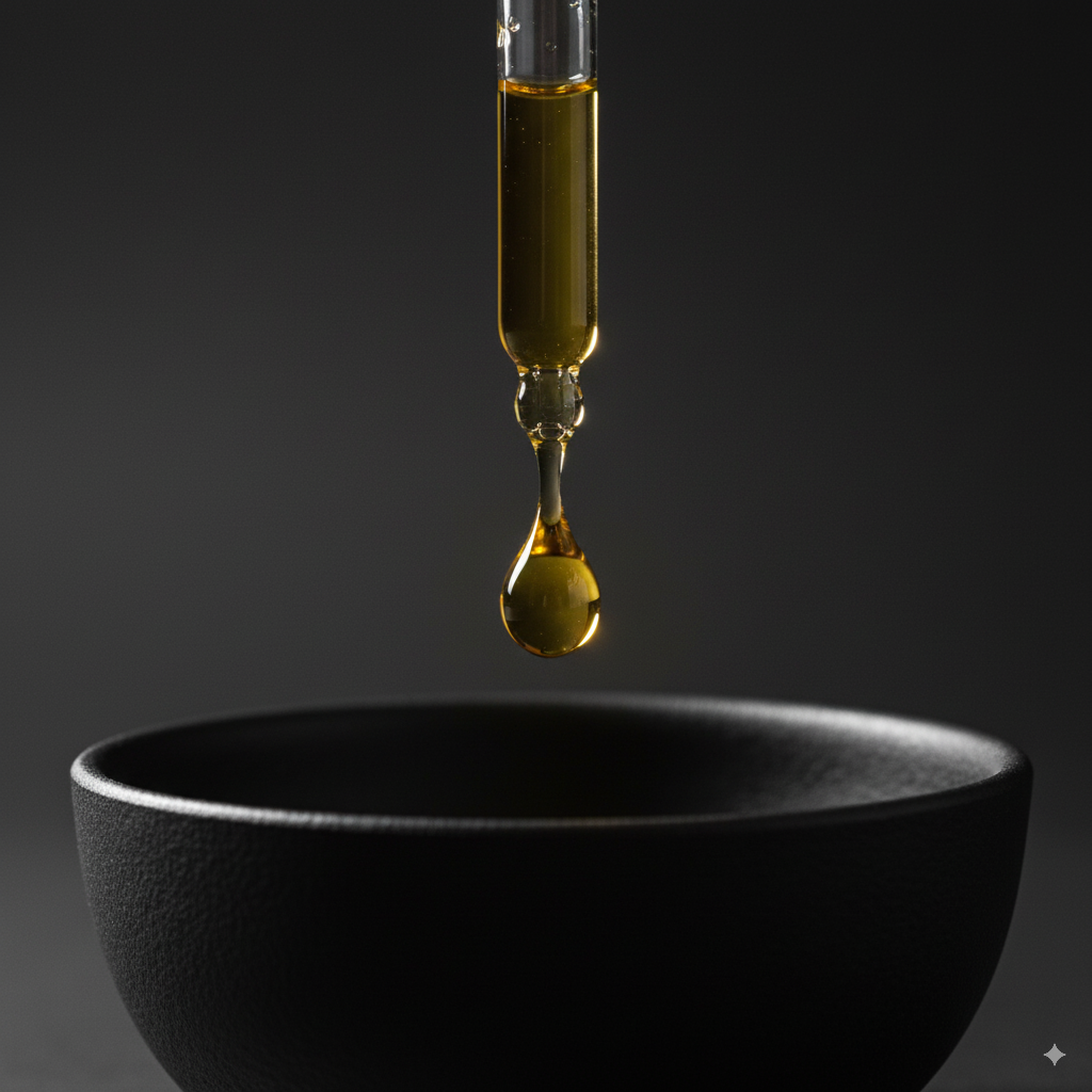 Ein einzelner Tropfen goldenes Öl, der minimalistisch von einer Pipette fällt.